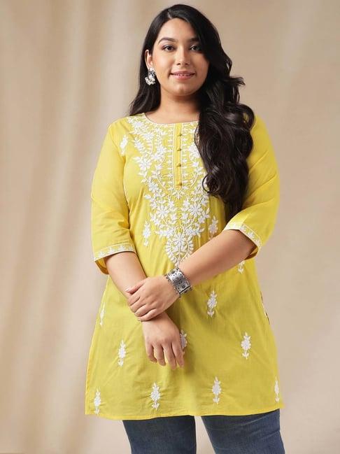 janasya yellow cotton embroidered straight kurti