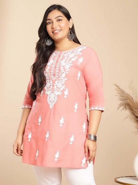 janasya peach cotton embroidered straight kurti