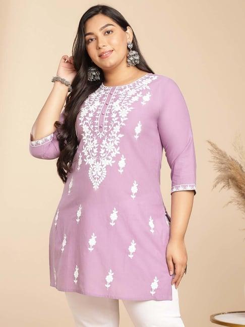 janasya purple cotton embroidered straight kurti