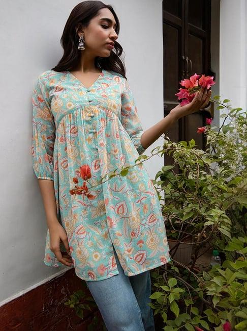 janasya blue floral print tunic