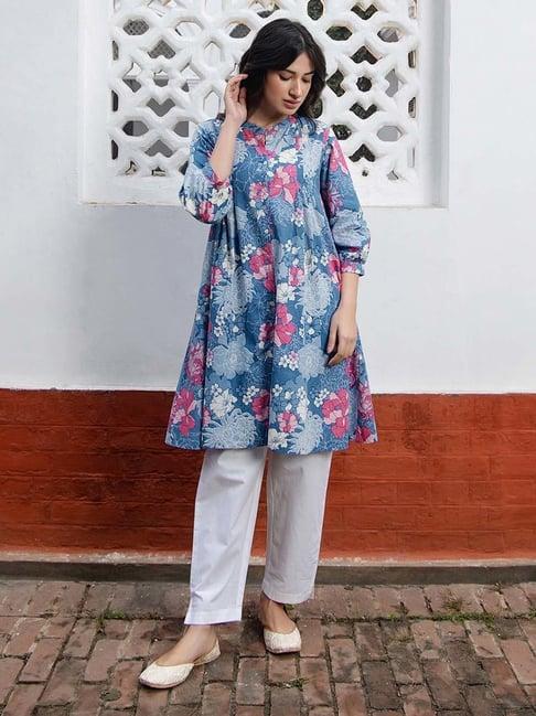 janasya blue cotton floral print tunic