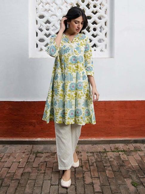 janasya beige cotton floral print tunic