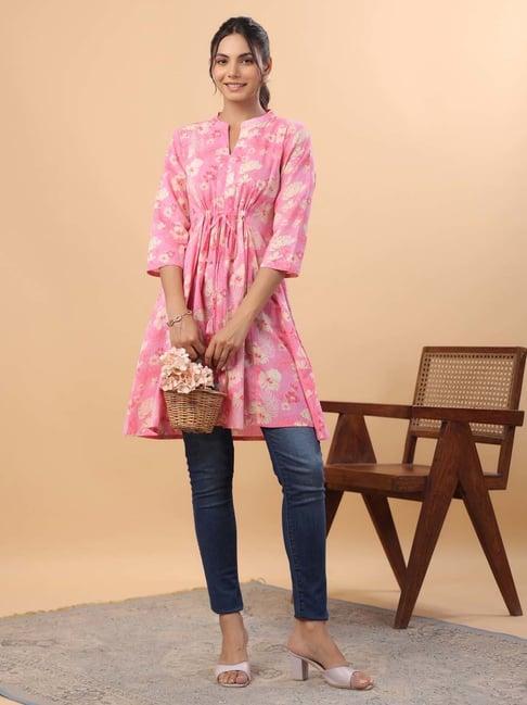 janasya pink cotton floral print tunic