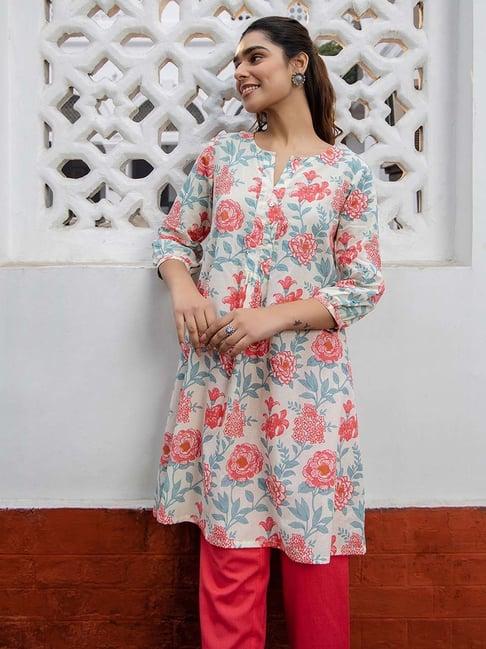 janasya white cotton floral print tunic