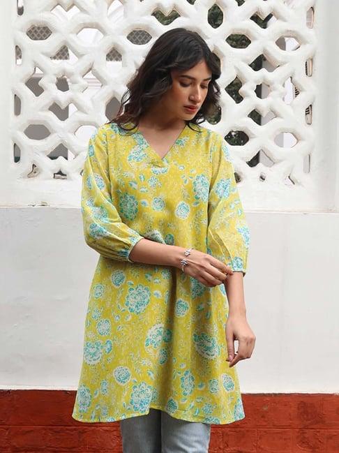 janasya yellow floral print tunic