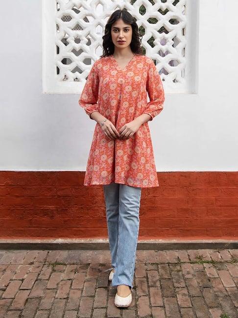 janasya orange floral print tunic