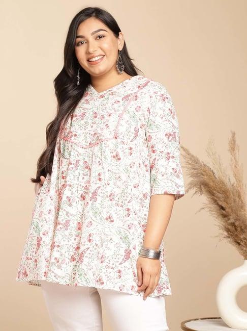 janasya white cotton floral print tunic