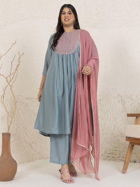 janasya blue embroidered kurta palazzo set with dupatta