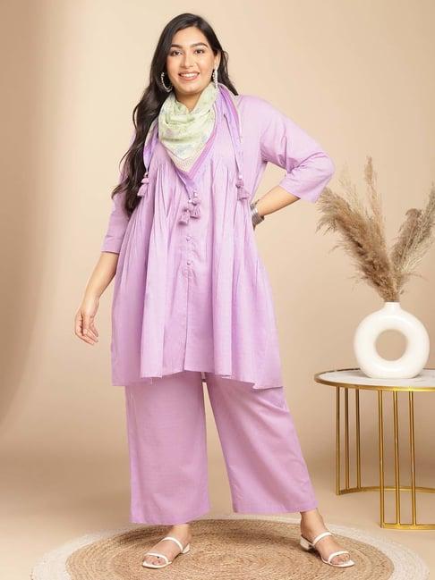 janasya purple cotton self pattern kurti palazzo set with scarf