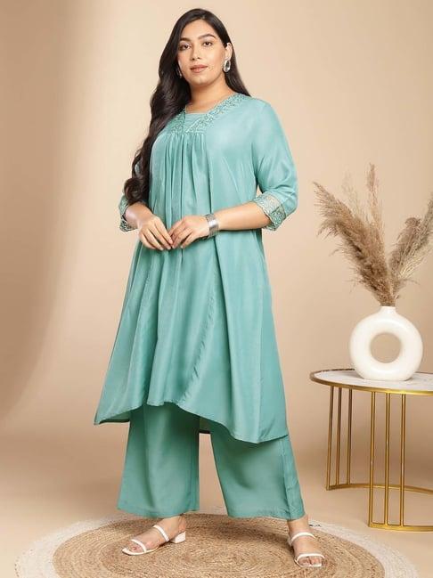 janasya green embroidered kurta palazzo set