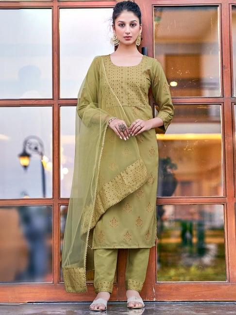 skylee khaki printed kurta pant set with dupatta