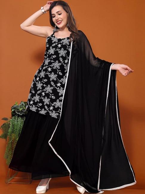 skylee black embroidered kurti sharara set with dupatta