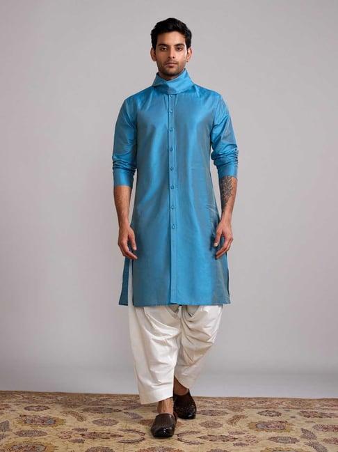 abhishti blue & cream straight fit kurta & salwar set