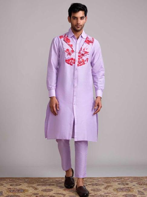 abhishti lavender straight fit printed kurta pants set