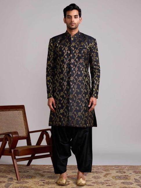 abhishti black straight fit banarasi printed kurta & salwar set