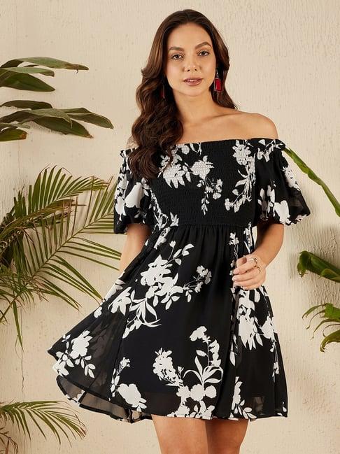 marie claire black & white floral print fit & flare dress