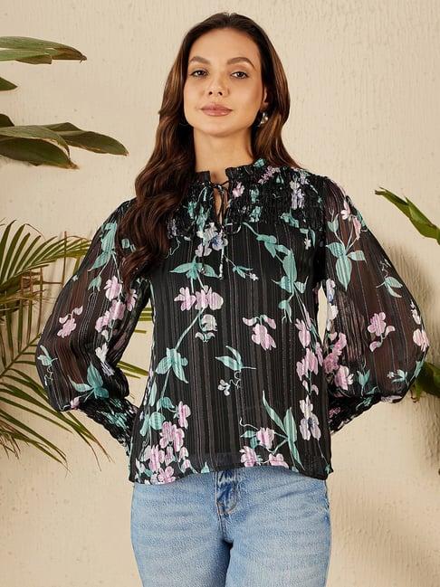 marie claire black & green floral print top