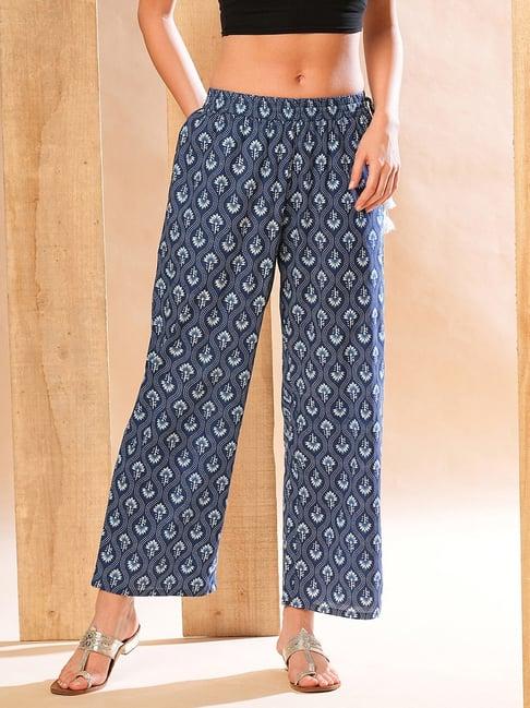 globus navy & white cotton printed mid rise palazzos