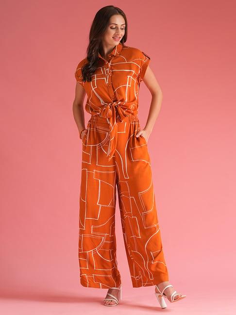 globus brown & white printed jumpsuit