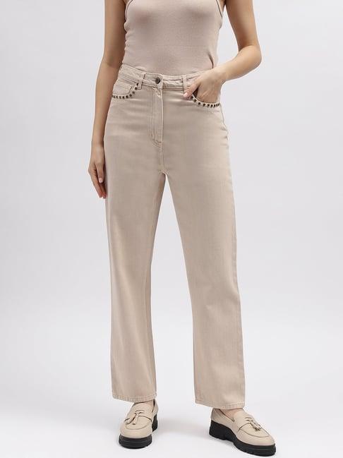 elle beige cotton straight fit mid rise jeans