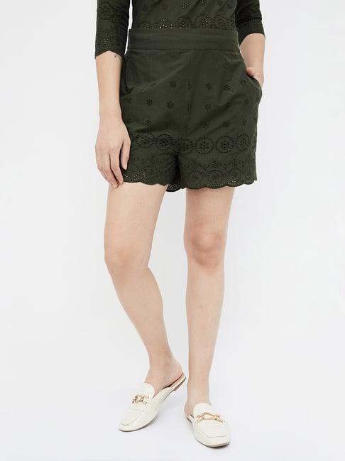 code by lifestyle olive cotton self design shorts