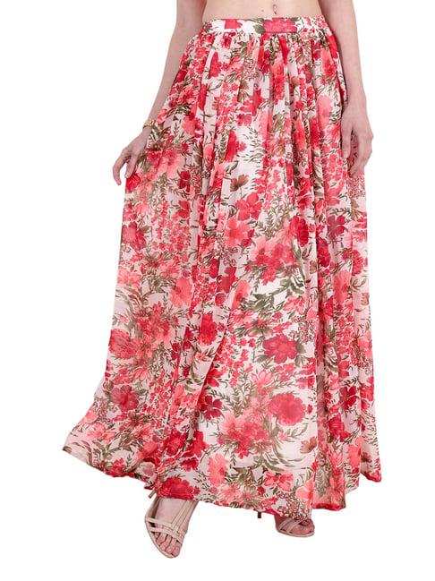 scorpius white & red georgette floral print skirt