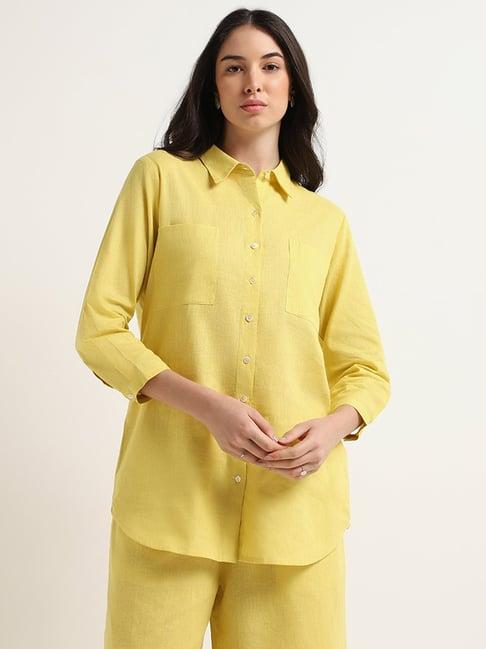 zuba by westside yellow lace-detail blended linen tunic