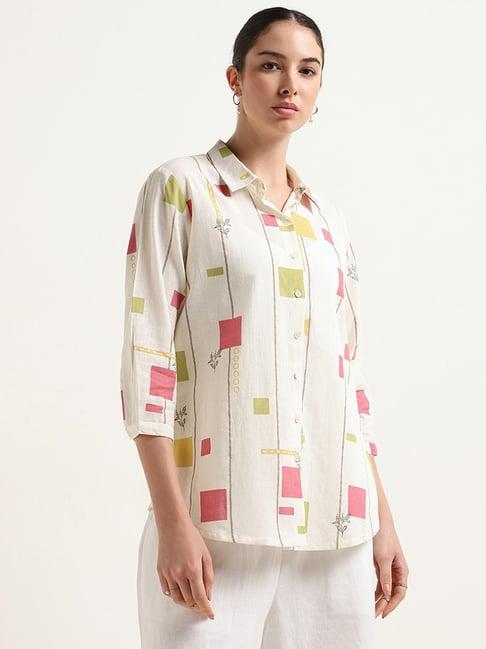 zuba by westside white geometric printed blended linen tunic