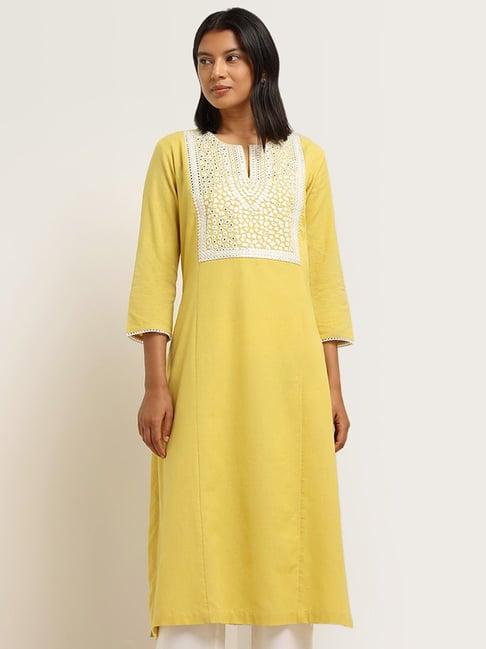 utsa by westside mustard mirror detailed blended linen a-line kurta