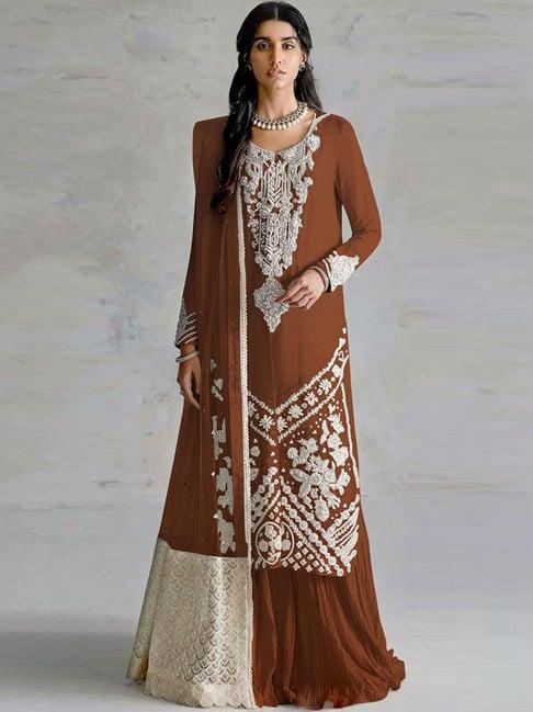 odette brown embroidered unstitched dress material