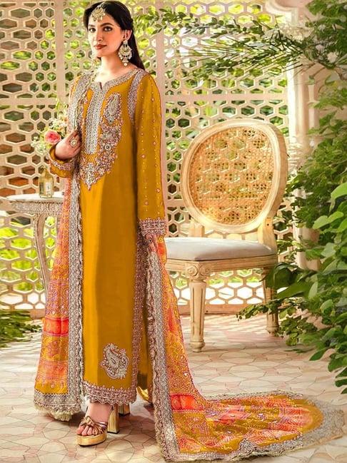 odette yellow embroidered unstitched dress material