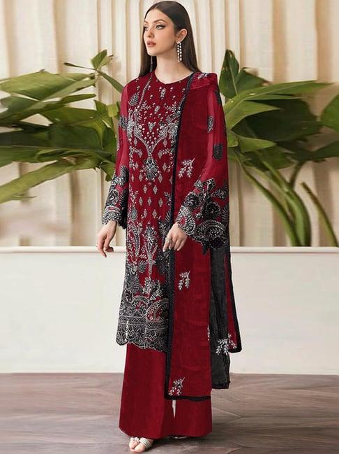 odette maroon embroidered unstitched dress material