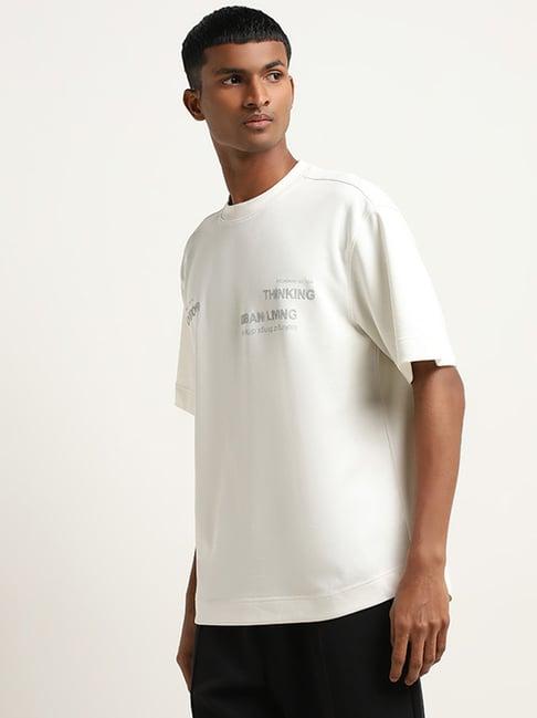 studiofit by westside off-white text embossed relaxed fit t-shirt