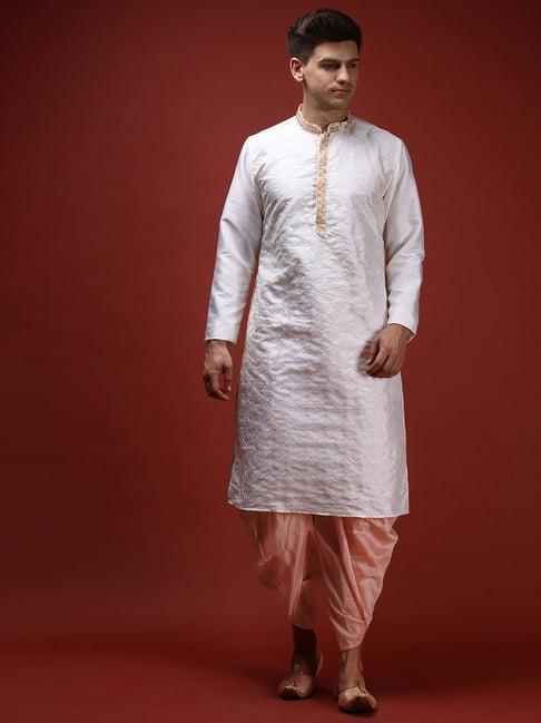 kisah cream & pink regular fit embroidered kurta & dhoti pants set