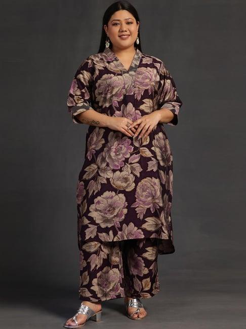 extra love by libas plus size purple silk blend printed co-ords