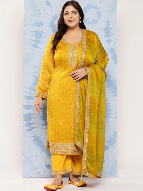 extra love by libas yellow printed kurta pant set with dupatta