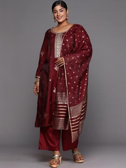 extra love by libas maroon woven pattern kurta palazzo set with dupatta