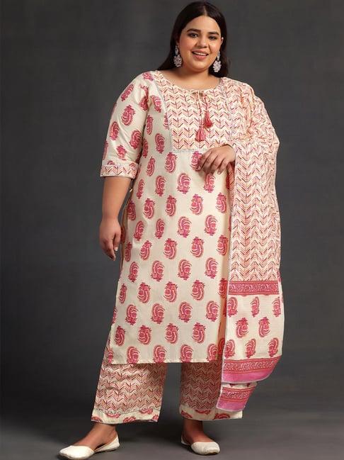 extra love by libas beige cotton printed kurta palazzo set with dupatta