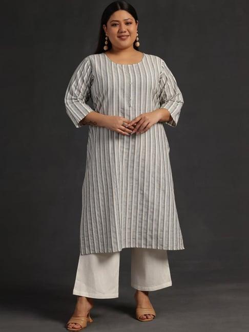 extra love by libas off-white & grey cotton printed straight kurta