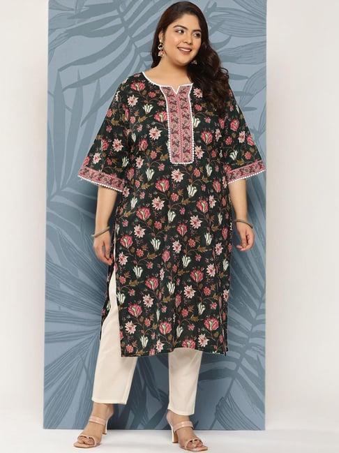 extra love by libas black cotton printed straight kurta