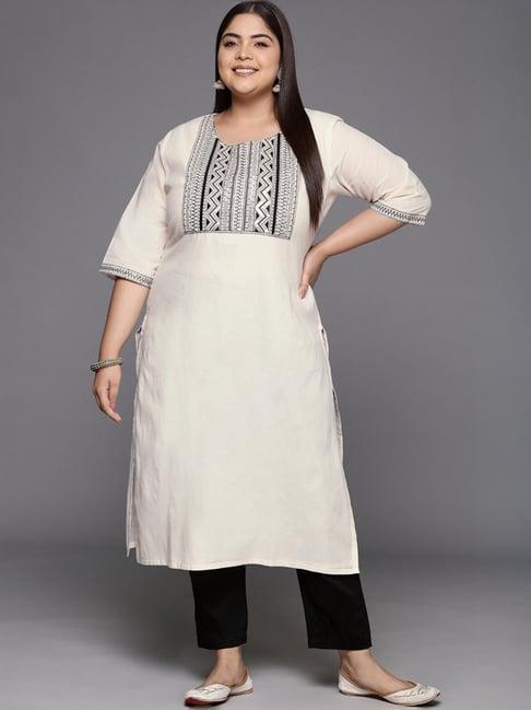 extra love by libas off-white cotton embroidered straight kurta