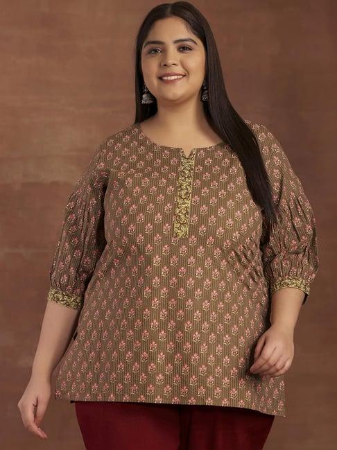 extra love by libas brown cotton printed straight short kurti