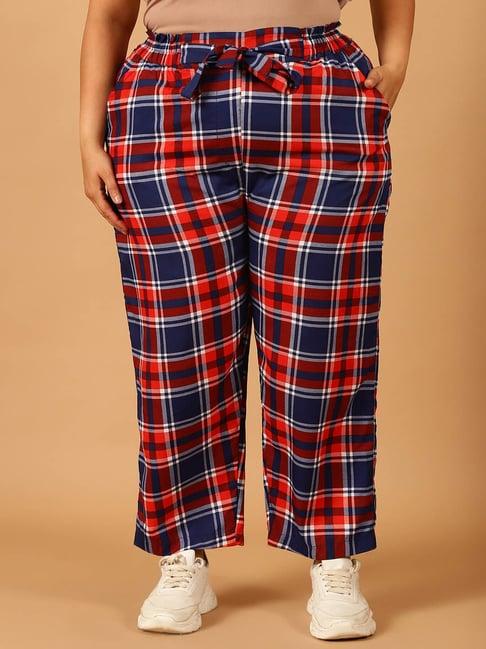 moms maternity red & blue check regular fit mid rise plus size trousers