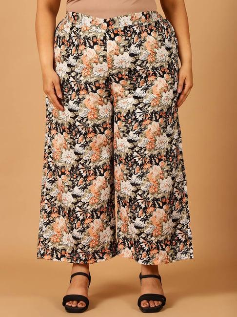 moms maternity black & orange floral print regular fit mid rise plus size trousers