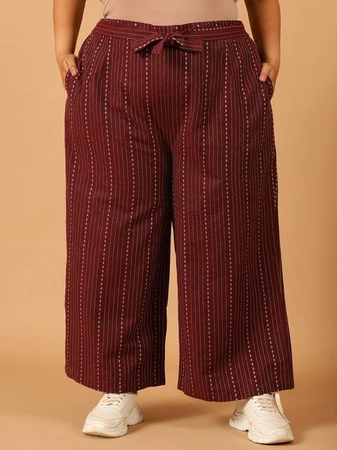 moms maternity maroon striped regular fit mid rise plus size trousers