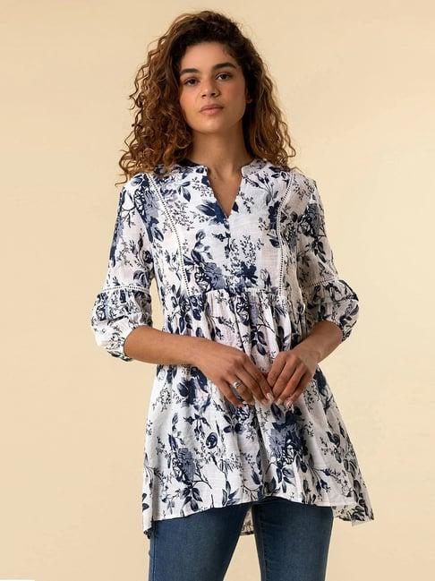 selvia white & blue cotton floral print tunic