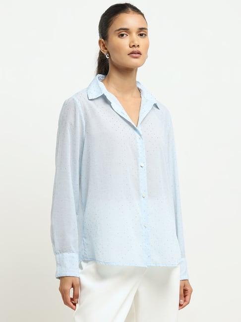 wardrobe by westside light blue polka dot design textured shirt