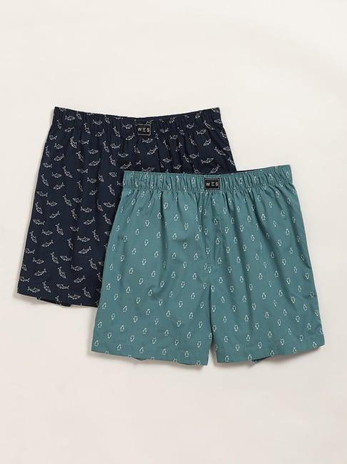 wes lounge by westside teal & navy printed boxers - pack of 2