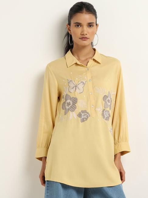 utsa by westside yellow floral embroidered straight tunic