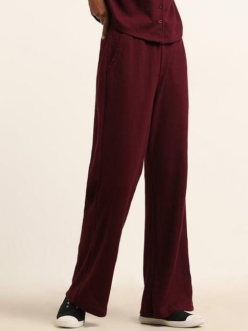 superstar by westside burgundy ribbed wide-leg mid-rise pants